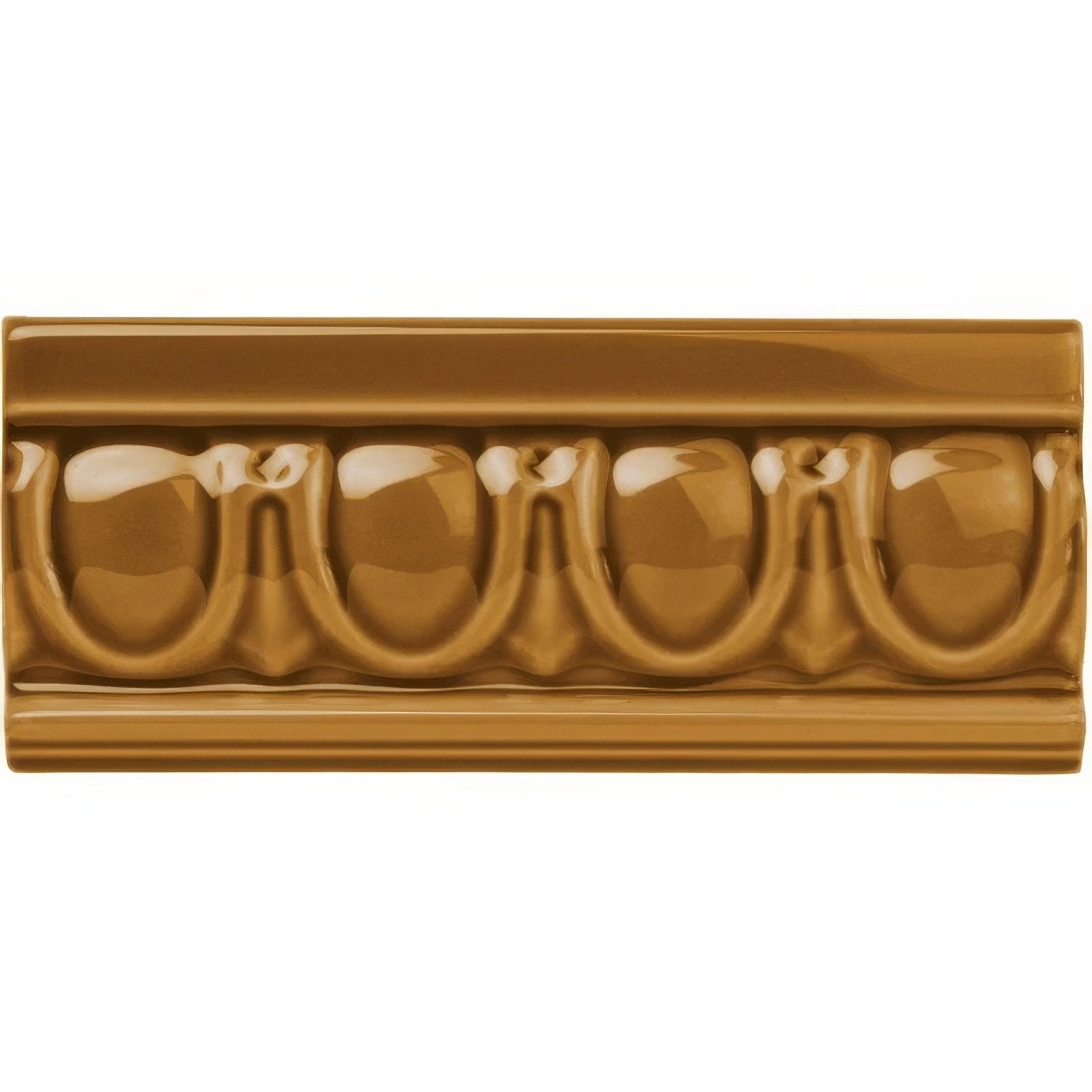 Golden-brown ceramic ochre egg and dart crown molding with glossy finish and repeating arched decorative relief pattern