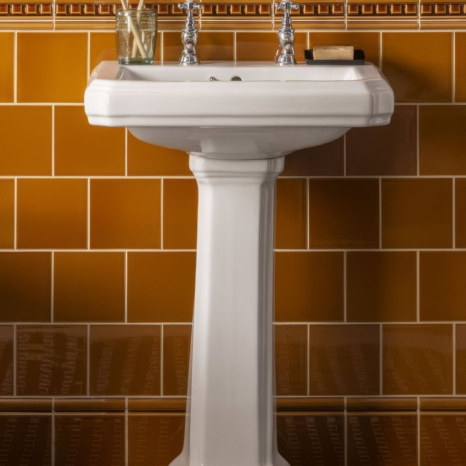 White ceramic pedestal sink with chrome faucets featured with ochre field tile background for bathroom use