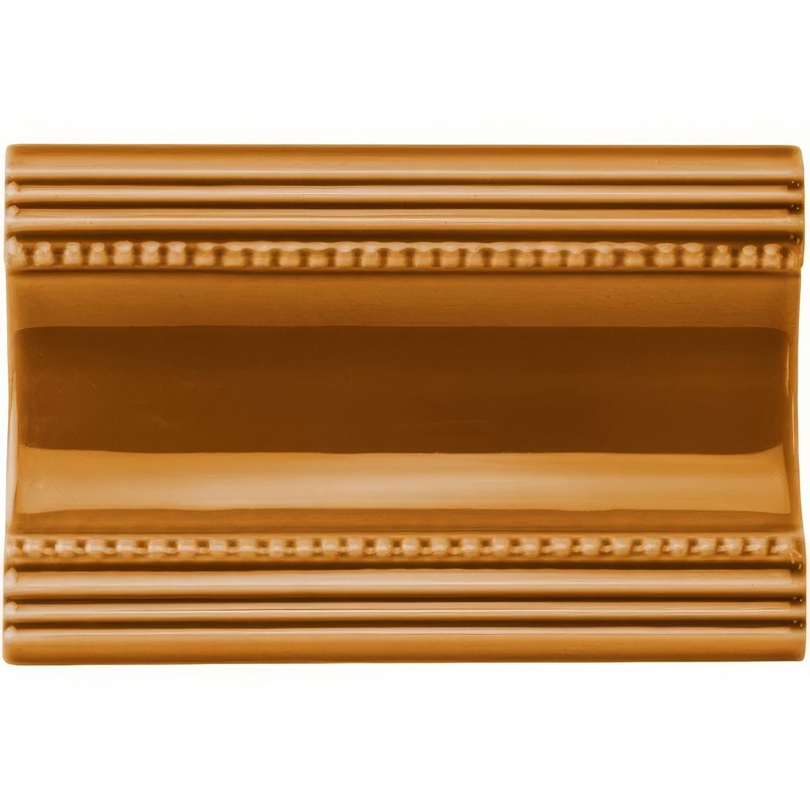 A glossy amber ceramic ochre plain cornice tile with a beaded border and horizontal ridges