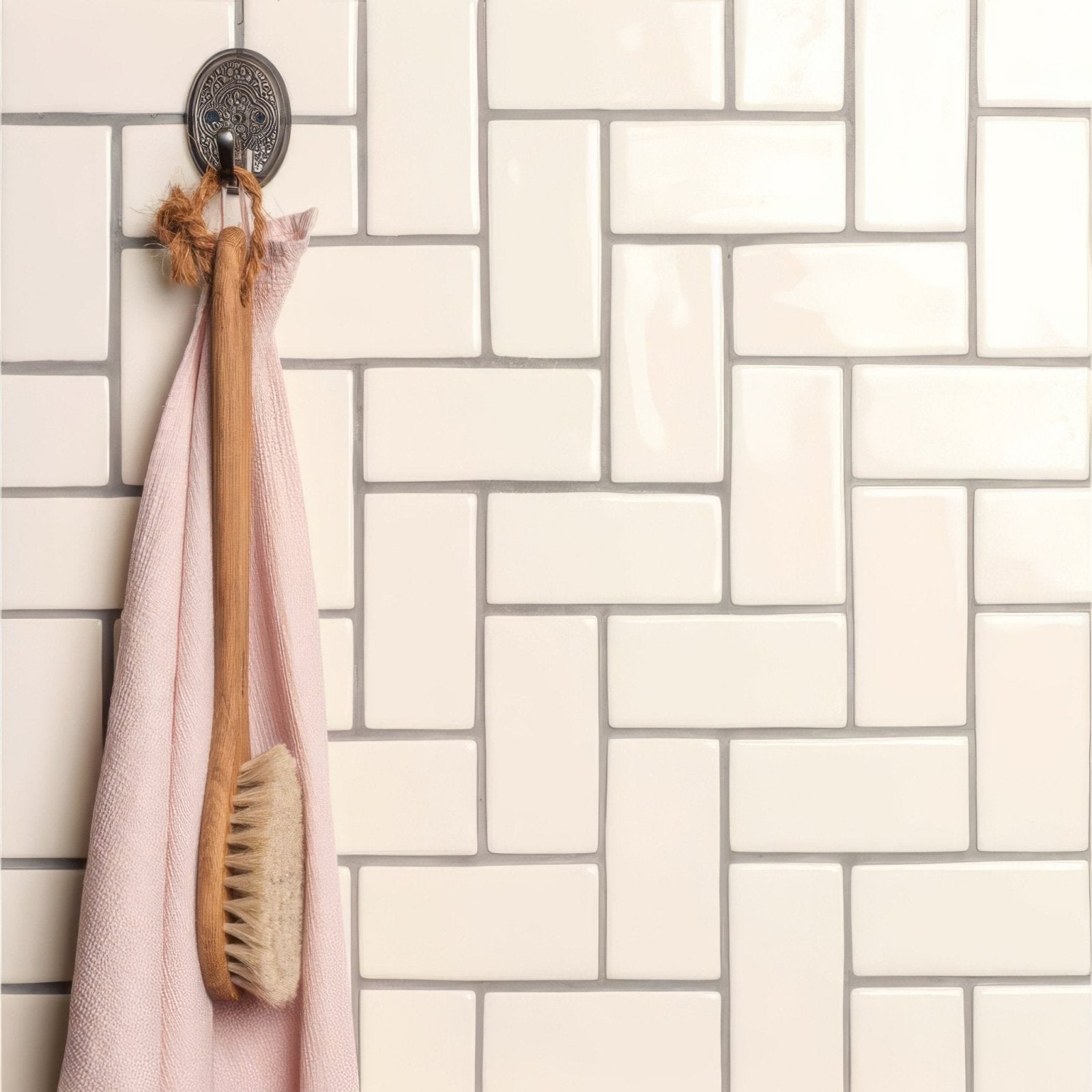 Off white half tile wooden body brush with natural bristles and soft pink towel hanging on ornate metal hook