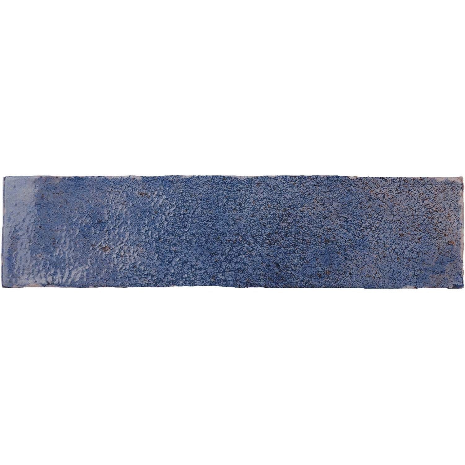 A rectangular oken brick blue ceramic tile with a textured crackled glaze finish
