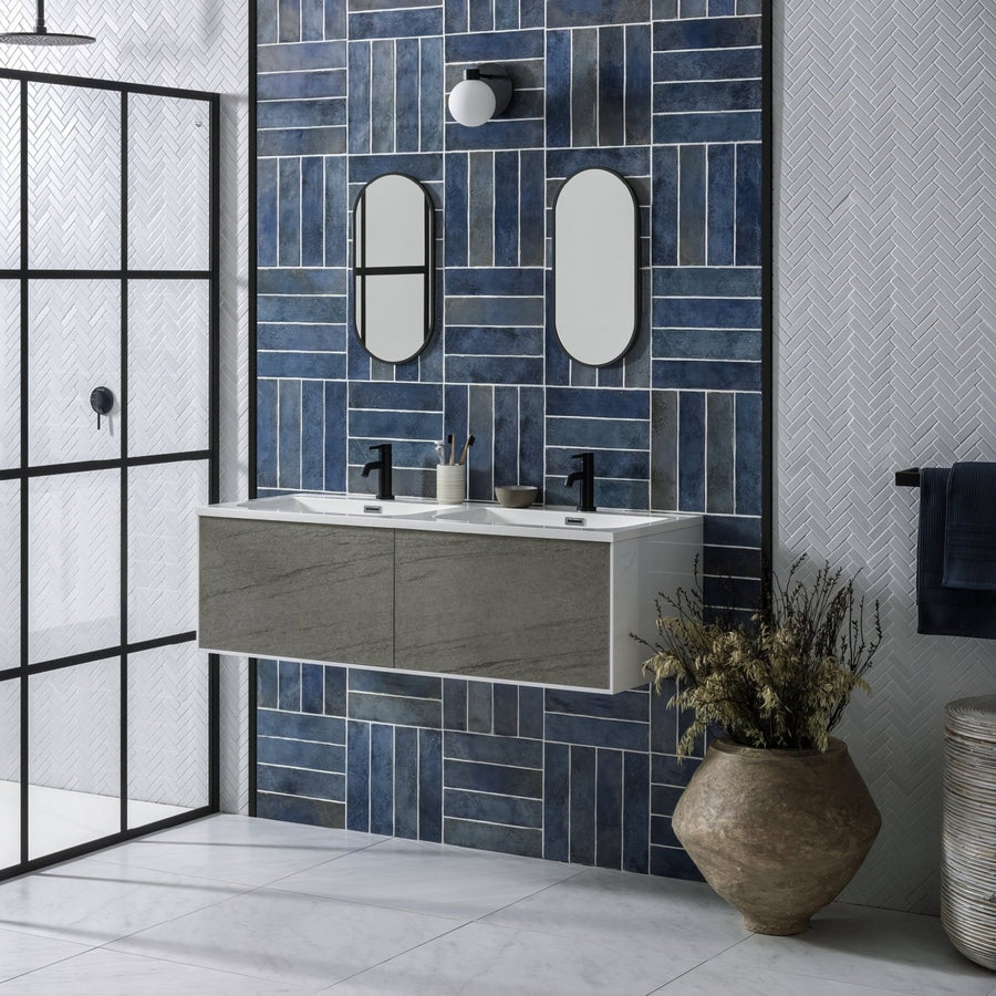 Modern floating bathroom vanity oken brick blue with sleek white countertop and gray marble veined cabinet doors