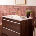 Modern dark wood vanity oken brick garnet with white countertop and gold faucet for bathroom use