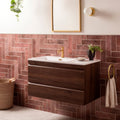 Dark wood floating bathroom vanity with white ceramic sink and gold faucet oken brick garnet design