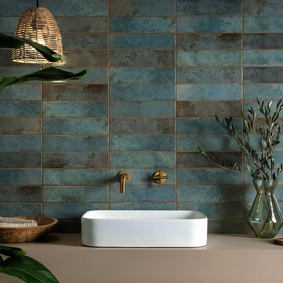Rectangular white ceramic sink with modern minimalist design for bathroom use in oken brick green series