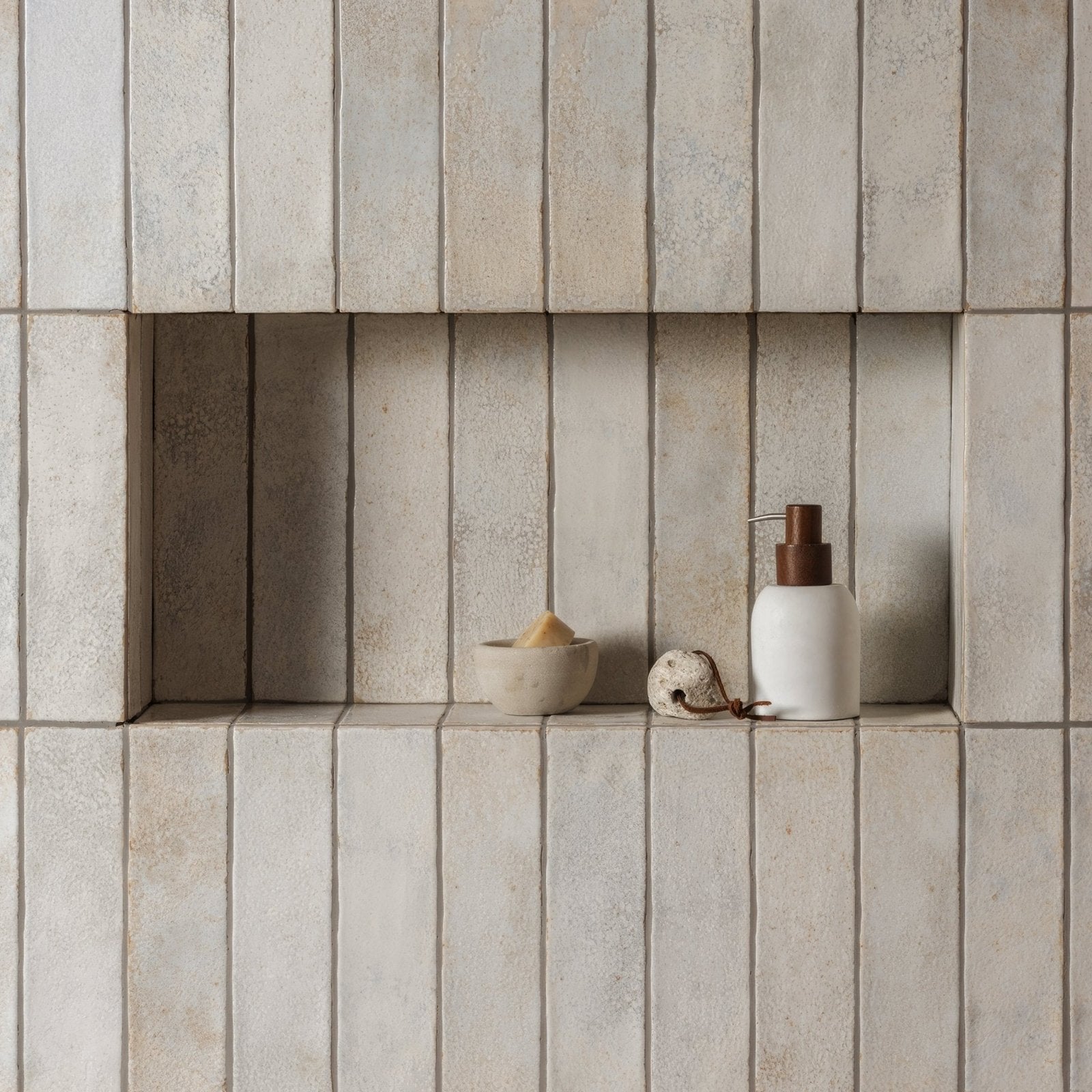 Oken Brick White white ceramic soap dispenser with a dark brown pump for bathroom or kitchen use