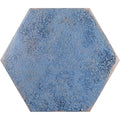 Oken hexagon blue ceramic tile with a textured crackled blue glaze finish ideal for decorative surfaces