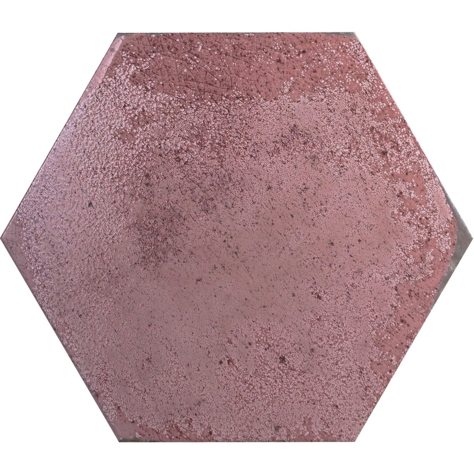 Oken hexagon garnet tile with a textured dusty rose finish and subtle crackle glaze for decorative use