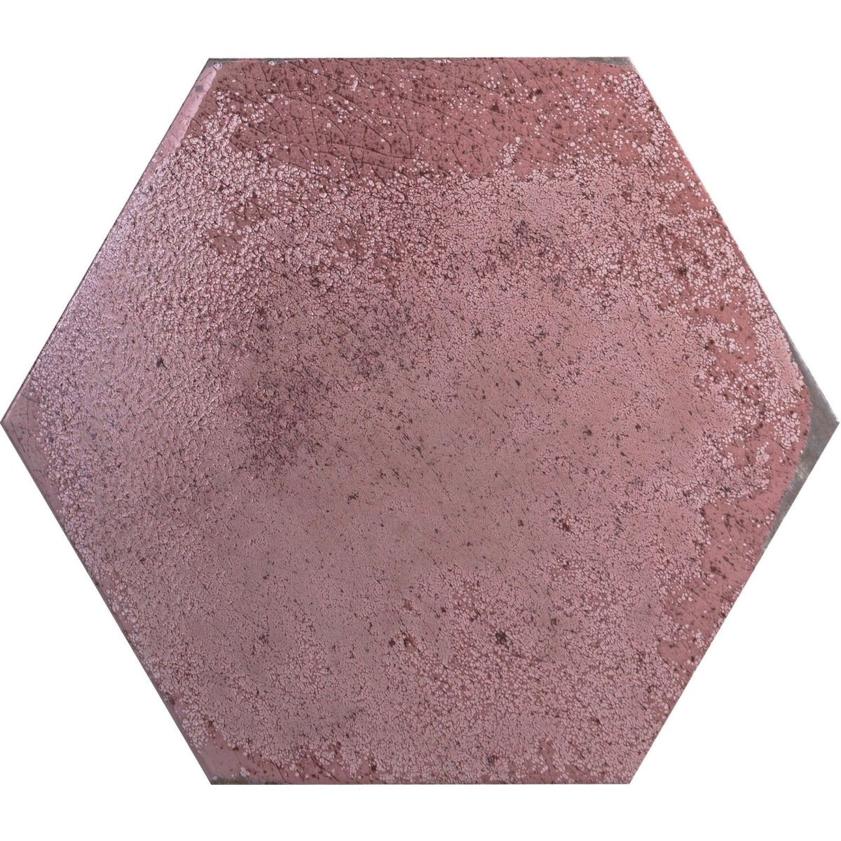 Oken hexagon garnet tile with a textured dusty rose finish and subtle crackle glaze for decorative use