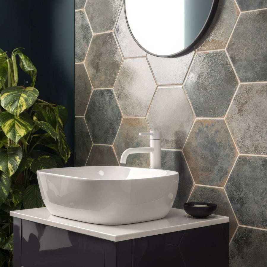 White ceramic vessel sink with sleek modern design featured in the Oken Hexagon Green collection
