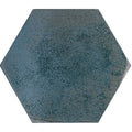 Oken hexagon green textured hexagonal tile with distressed blue-gray glaze and subtle crackle pattern