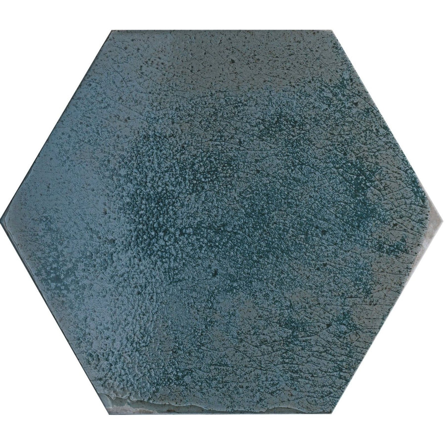 Oken hexagon green textured hexagonal tile with distressed blue-gray glaze and subtle crackle pattern