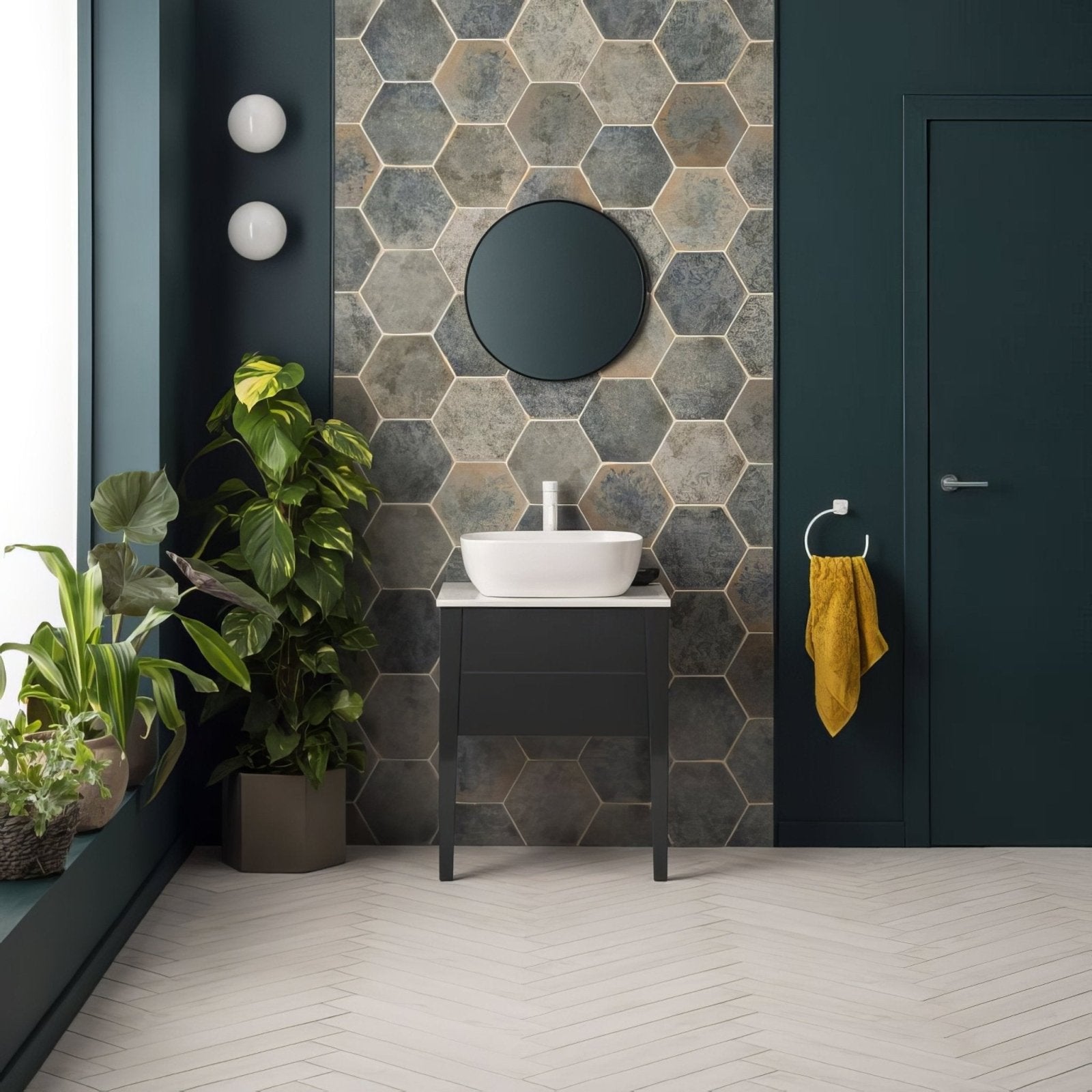 White ceramic vessel sink with sleek modern design mounted on dark gray vanity for oken hexagon green product