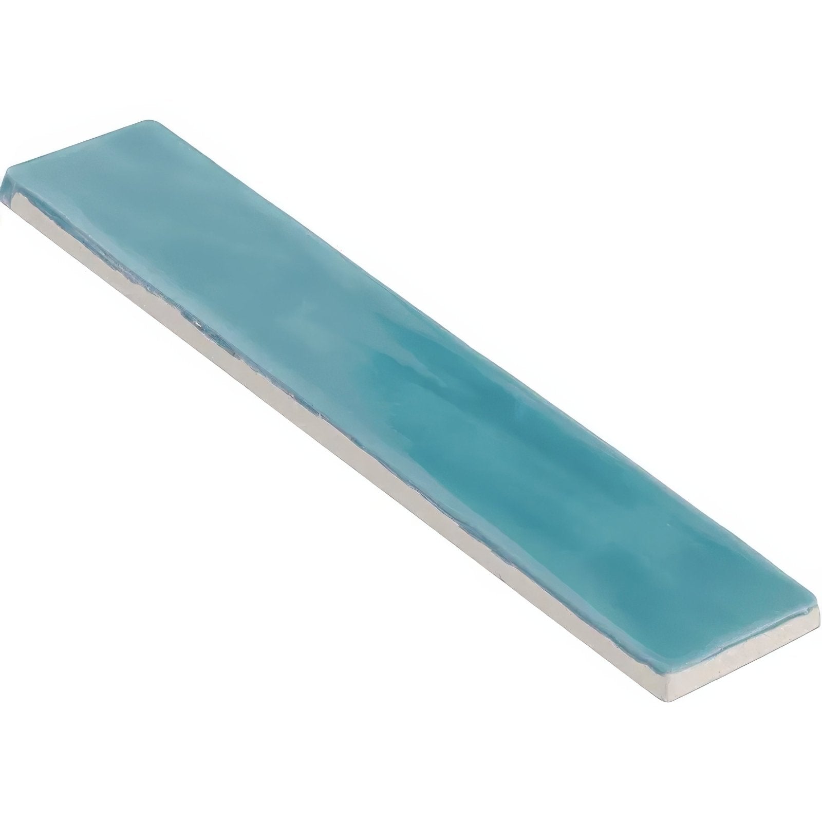 A rectangular ceramic onda aquamarine wall tile with a smooth matte turquoise glaze and slightly uneven edges