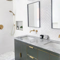 Onda Artic Wall Tiles white subway tiles with a dark green vanity and two sinks