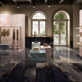 Onyx Black in Polished and Matt Tiles dark grey marble-effect tiles with a beige leather bag on a pedestal