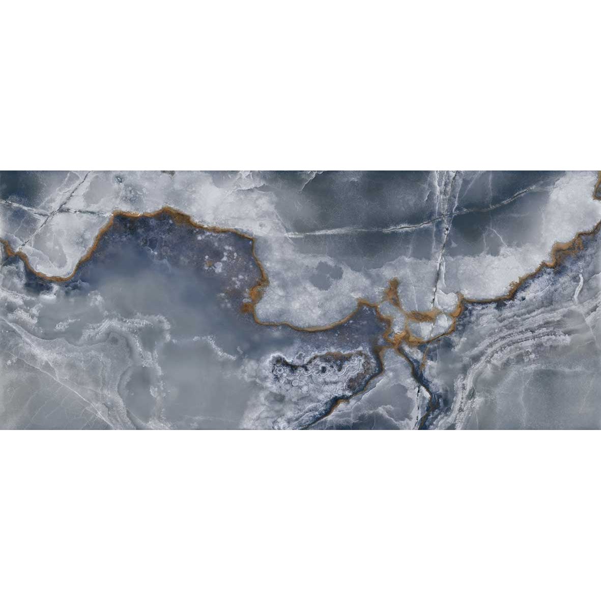 Polished and matt onyx blue marble tiles with gray and white base and subtle golden veining