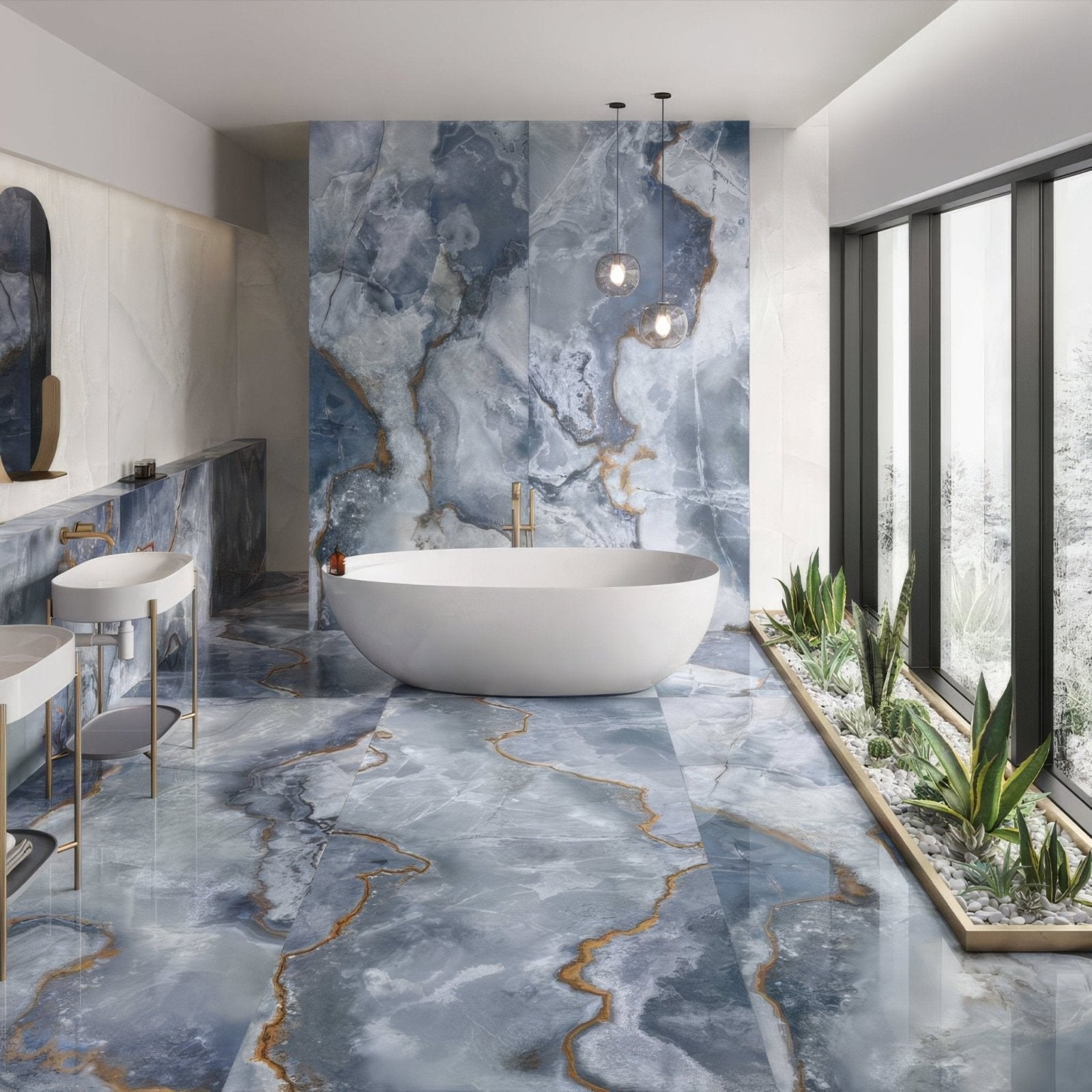 Onyx Blue in Polished and Matt Tiles blue marble-effect tiles with a freestanding bathtub