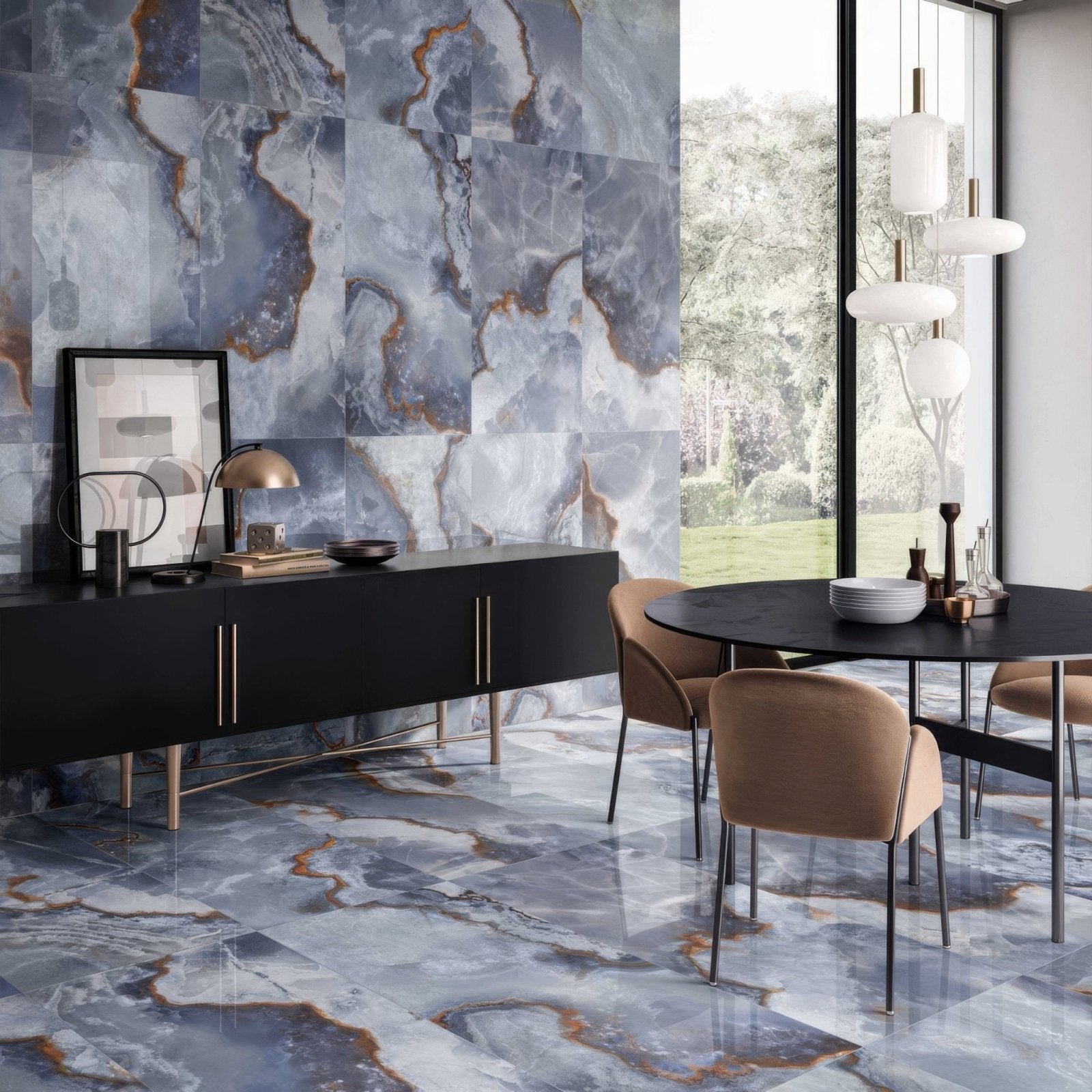 Onyx Blue in Polished and Matt Tiles blue marble-effect tiles with a black sideboard