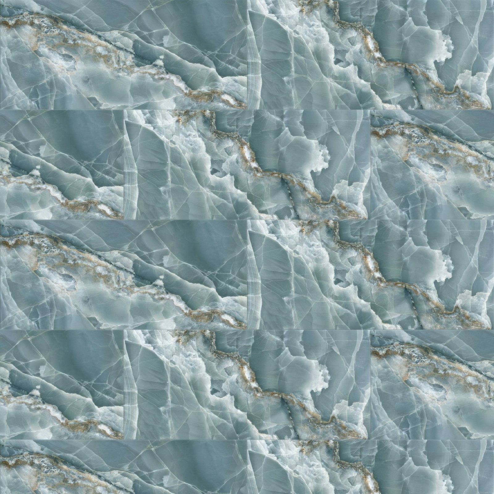Blue and white onyx green marble-patterned tile with polished and matt finish featuring subtle gold veining