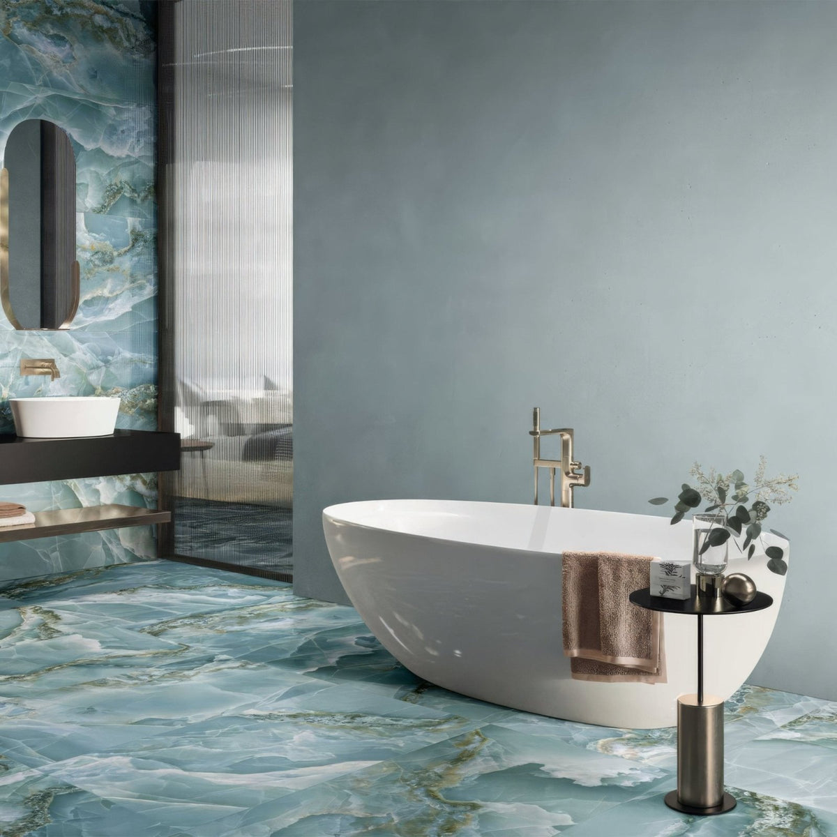 Onyx Green in Polished and Matt Tiles in a bathroom setting (2)