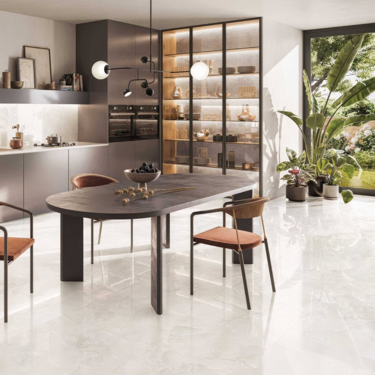 Onyx Ivory in Polished and Matt Tiles white marble-effect tiles with an oval dining table