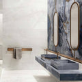 Onyx Ivory in Polished and Matt Tiles white marble-effect tiles with rectangular sinks on a countertop