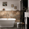 Onyx Lumi Amber marble-effect tile 60 x 120cm with translucent beige, grey and gold veining