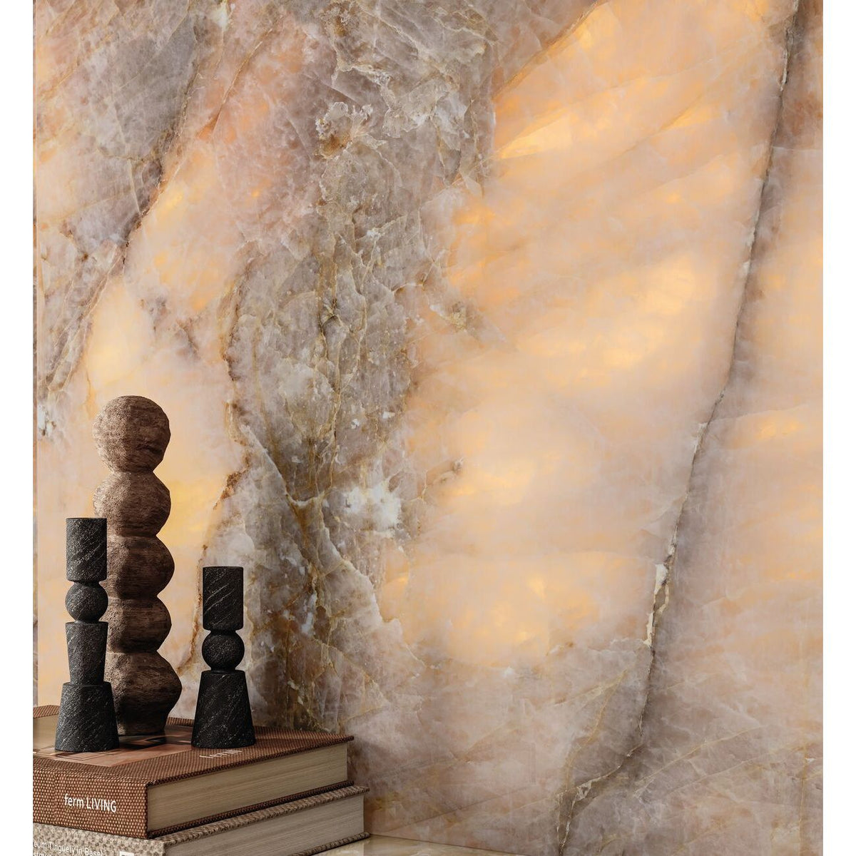Onyx Lumi Amber matt marble effect tile 60 x 120cm with translucent beige, grey and golden veining