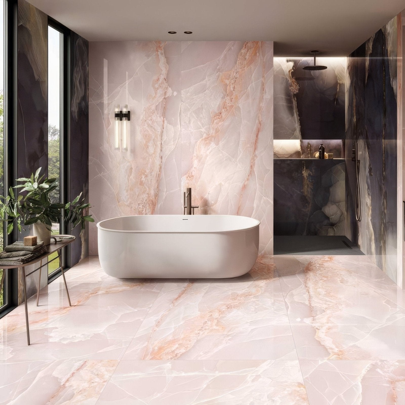 Onyx Pink in Polished and Matt Tiles pink marble-effect tiles with a freestanding bathtub