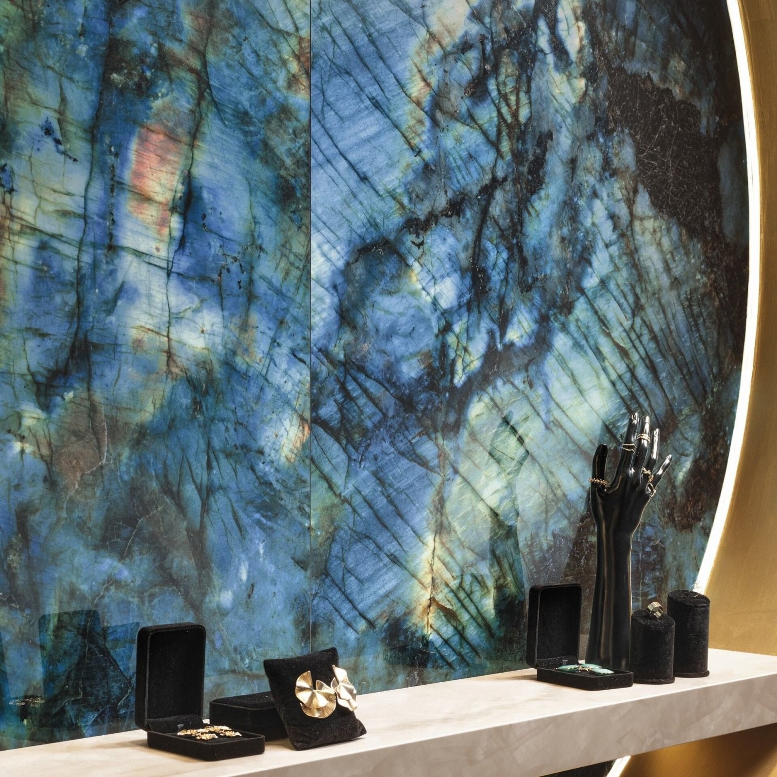 Onyx Sapphire Polished blue and green marble-effect tile, detail