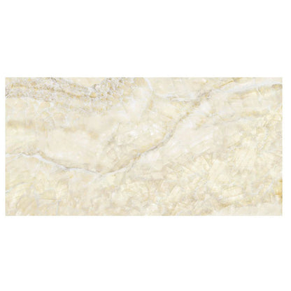 Onyx lumi ivory polished marble effect tile 60 x 120 with cream-colored marble and subtle veining on a reflective surface