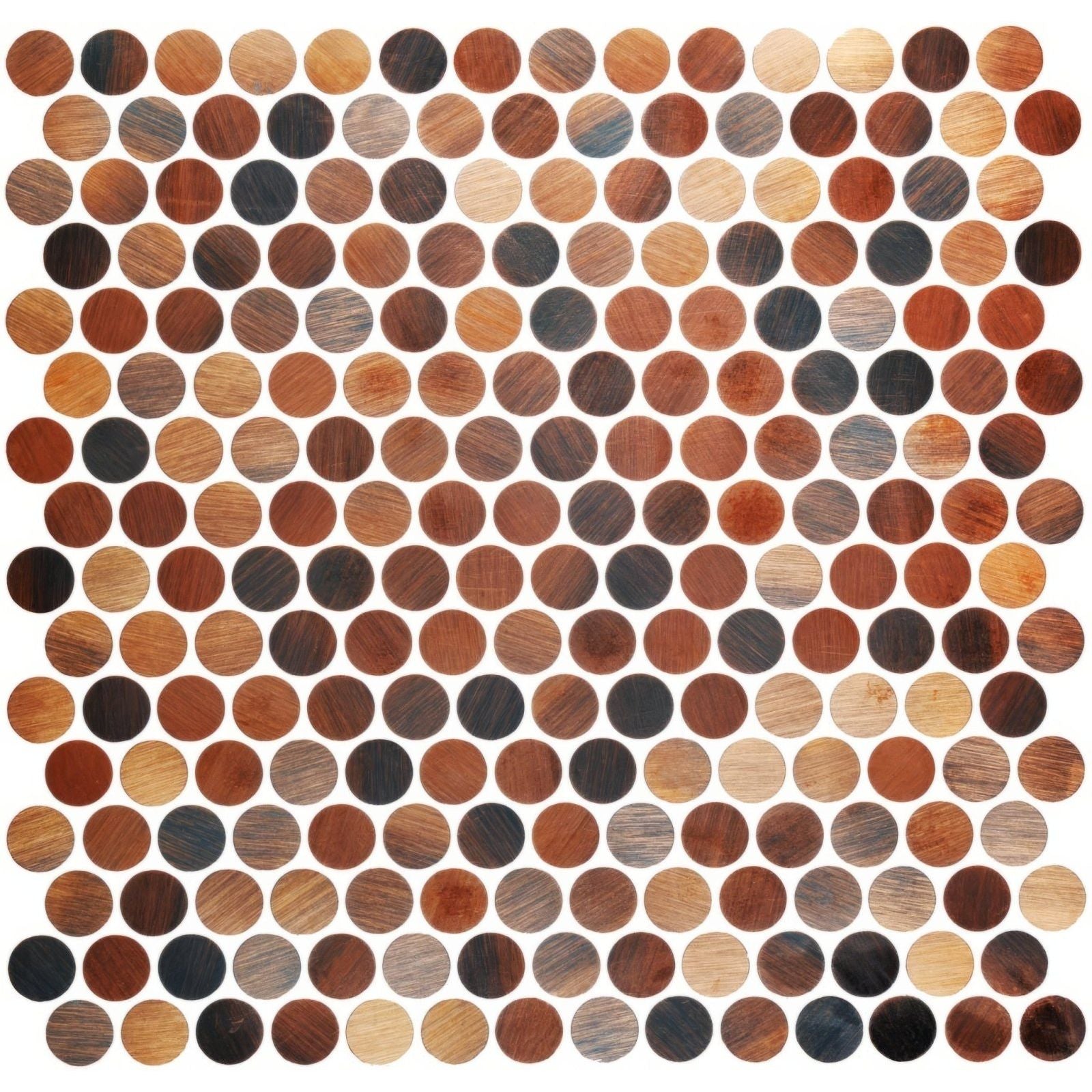 Orabella brushed metal mosaic featuring circular wooden mosaic tiles in warm brown tones with natural wood grain patterns