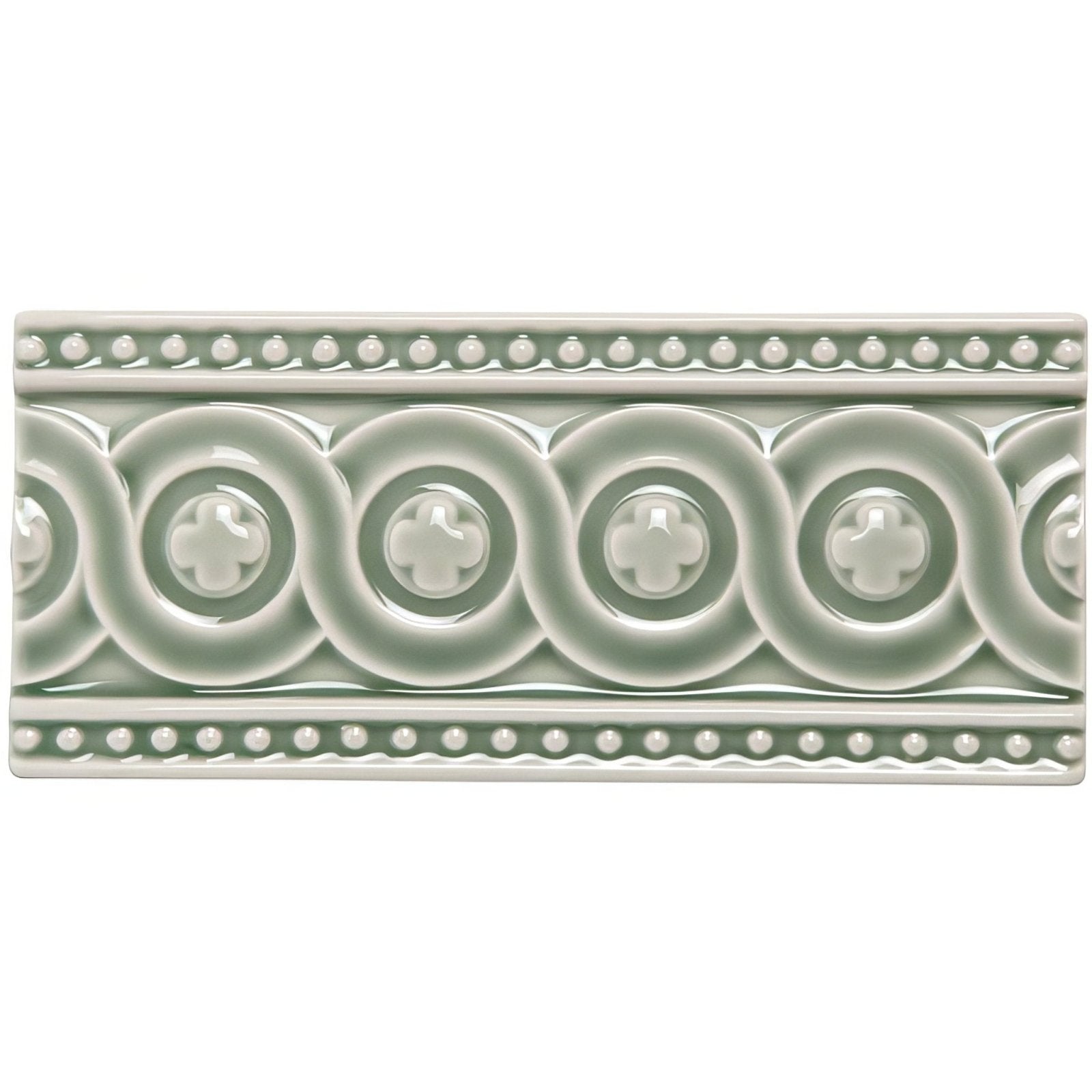 Orford Baroque rectangular matte sage green ceramic tile with raised circular clover motifs and beaded borders