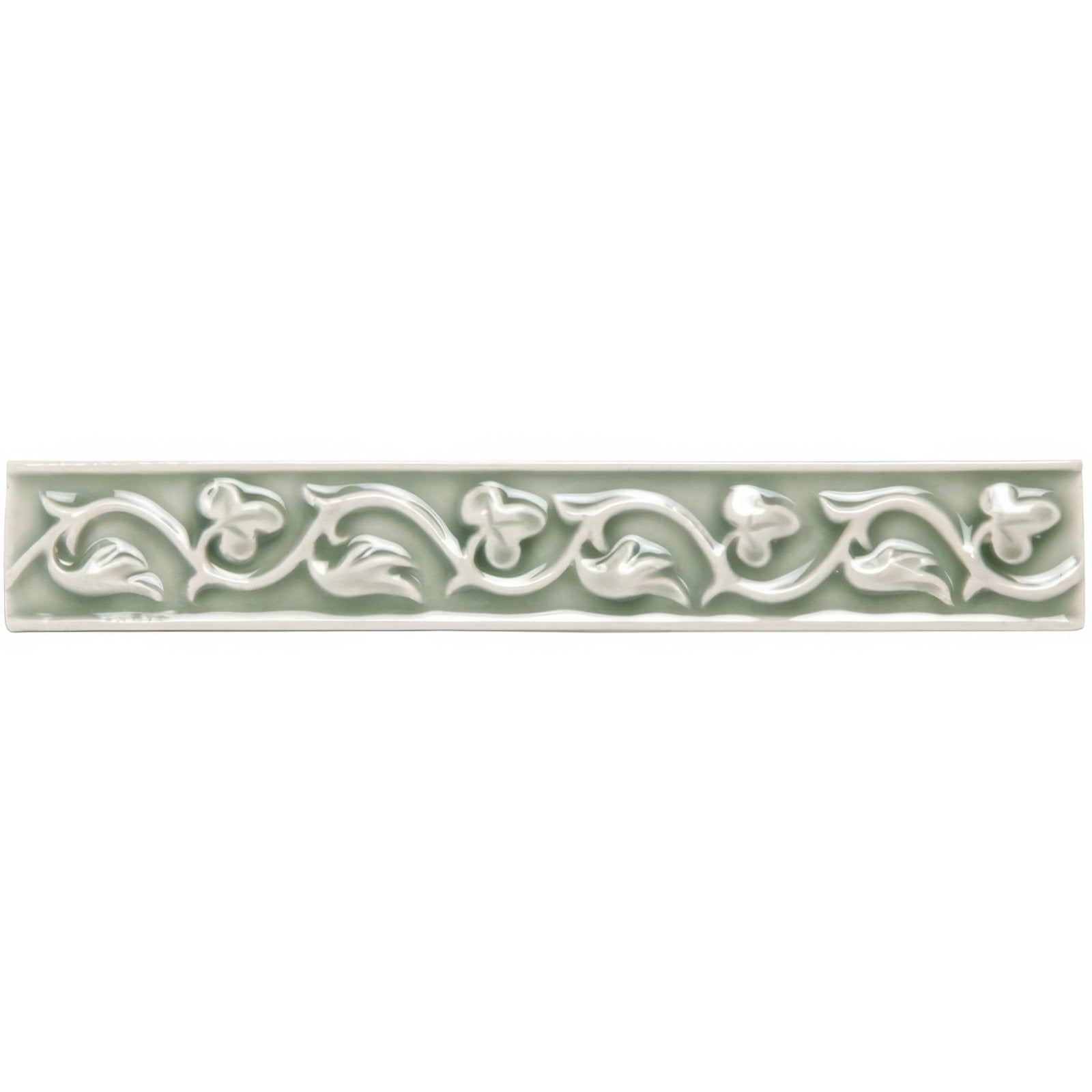 Orford Beaulieu rectangular light green ceramic tile with embossed floral vine pattern and three leaf motifs