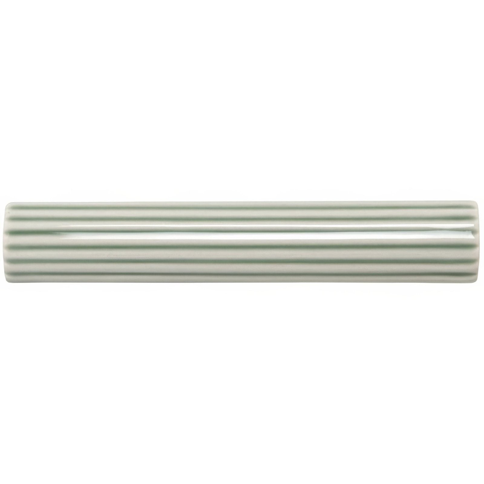 A sleek cylindrical ceramic tile with a matte sage green finish and subtle horizontal ridges called orford bundled reed