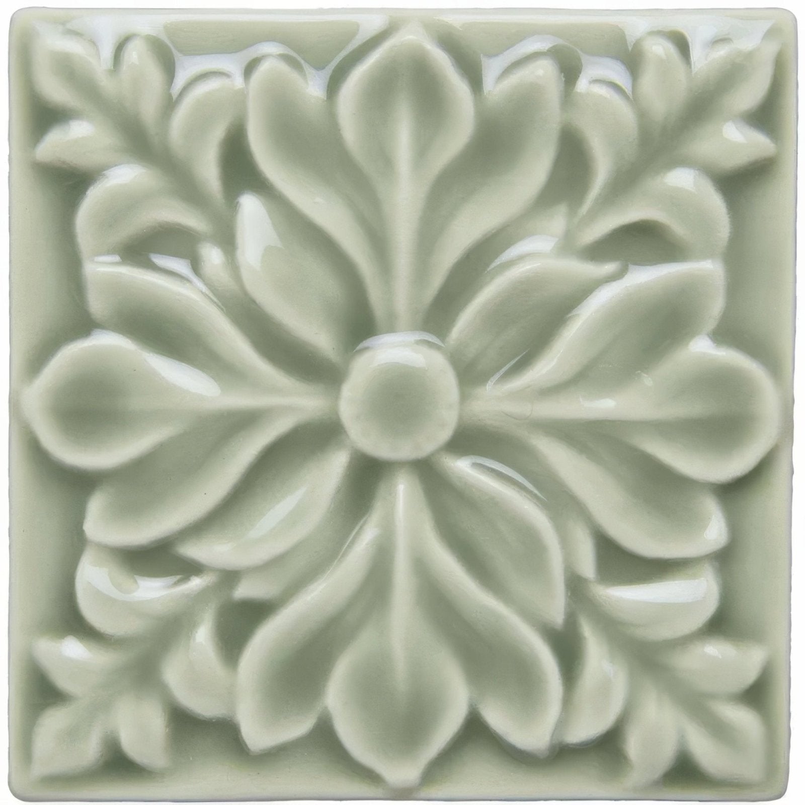Orford Hampstead light green ceramic tile with raised floral design featuring detailed petals and leaves