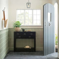 Black wooden orford hampton console table with multiple drawers and a lower shelf for organized storage