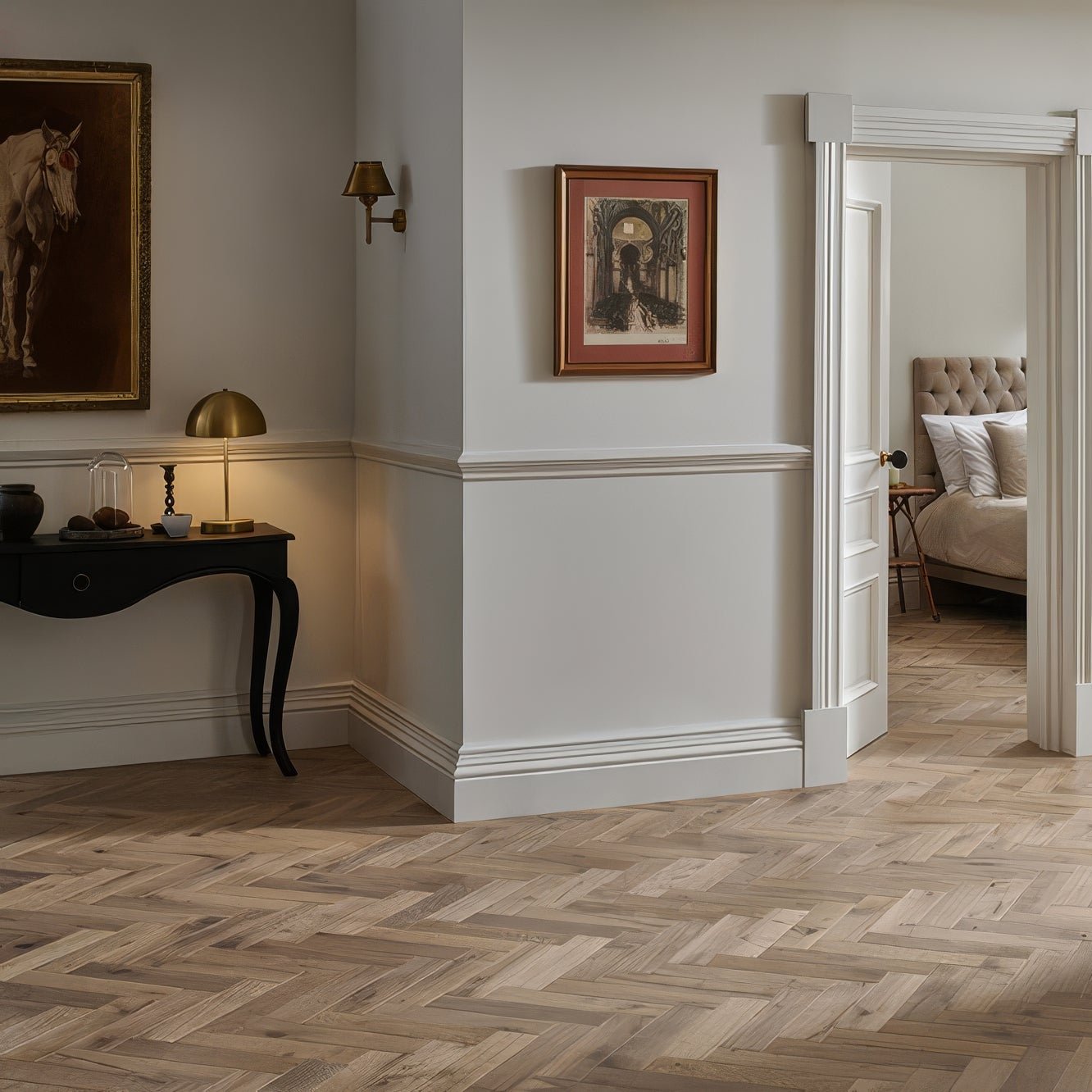 Light brown Orkney Pewter Oak hardwood floor with a herringbone pattern showcasing wood material and design