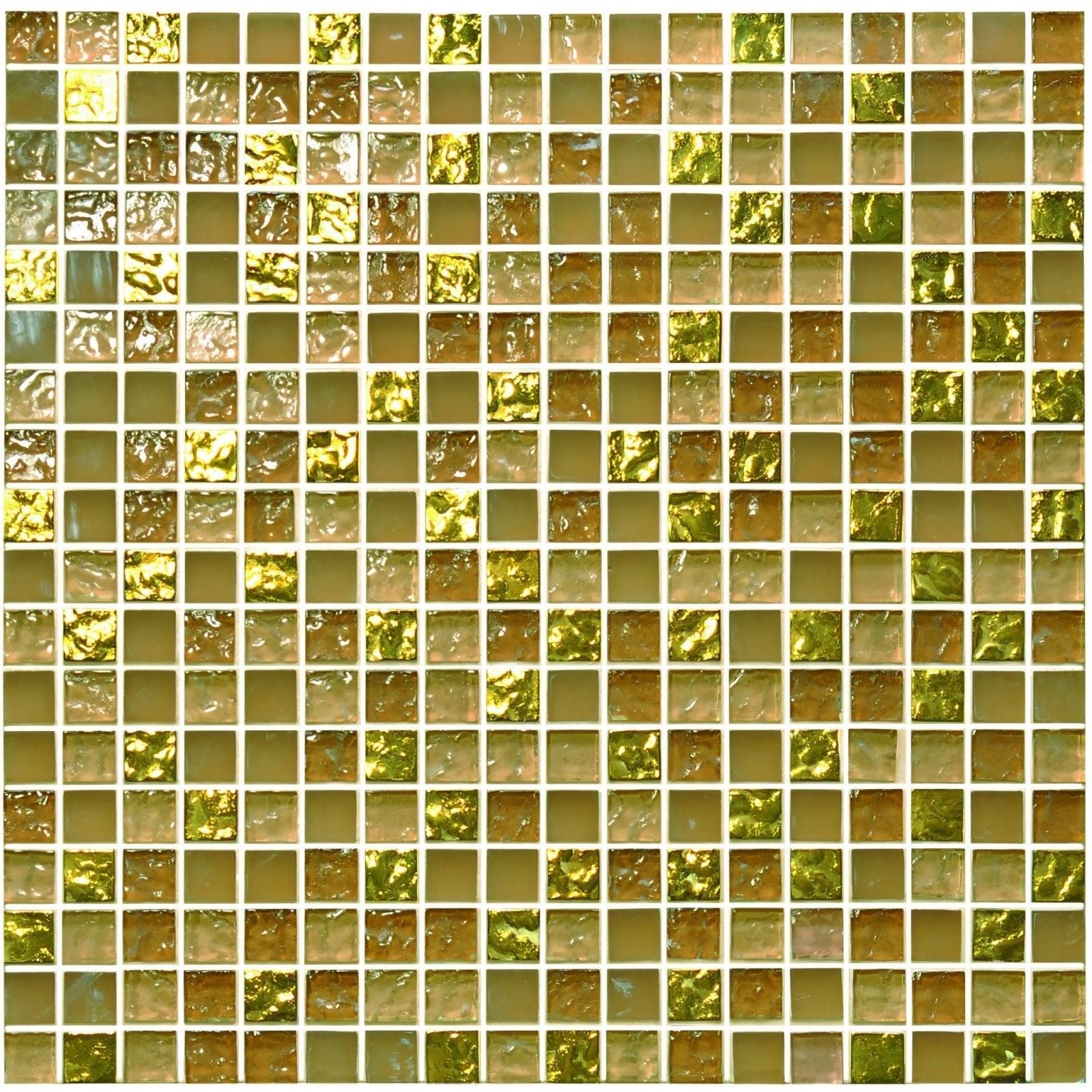 Orla Glass and Stone Mosaic panel with square glass tiles in shimmering gold olive green and amber textured surfaces