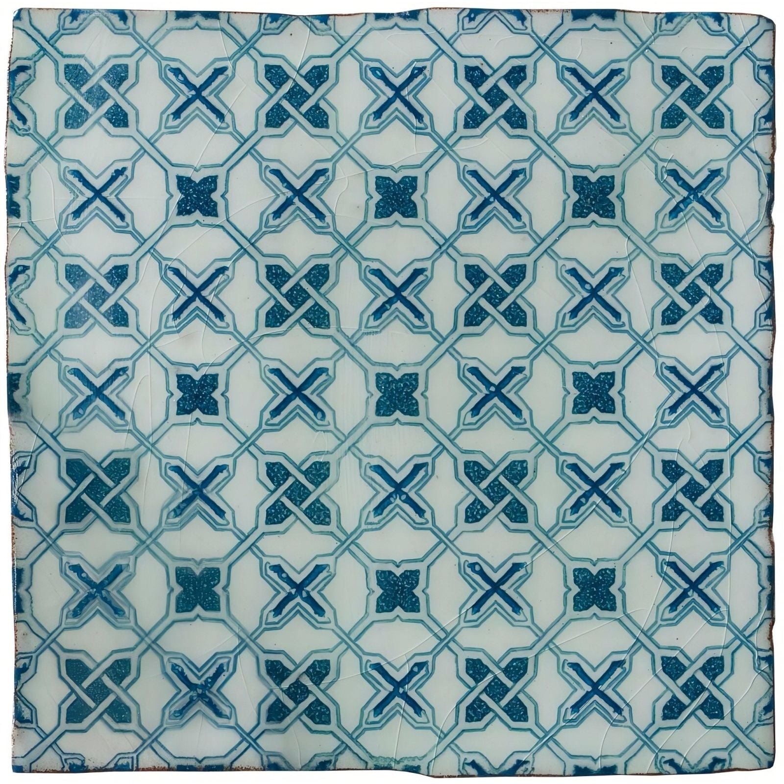A square ceramic tile called ormeaux blue on mint featuring a repeating blue cross geometric pattern on white background