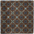 Brown ceramic tile ormeaux on chestnut with navy blue and light teal geometric cross pattern on textured earthy background