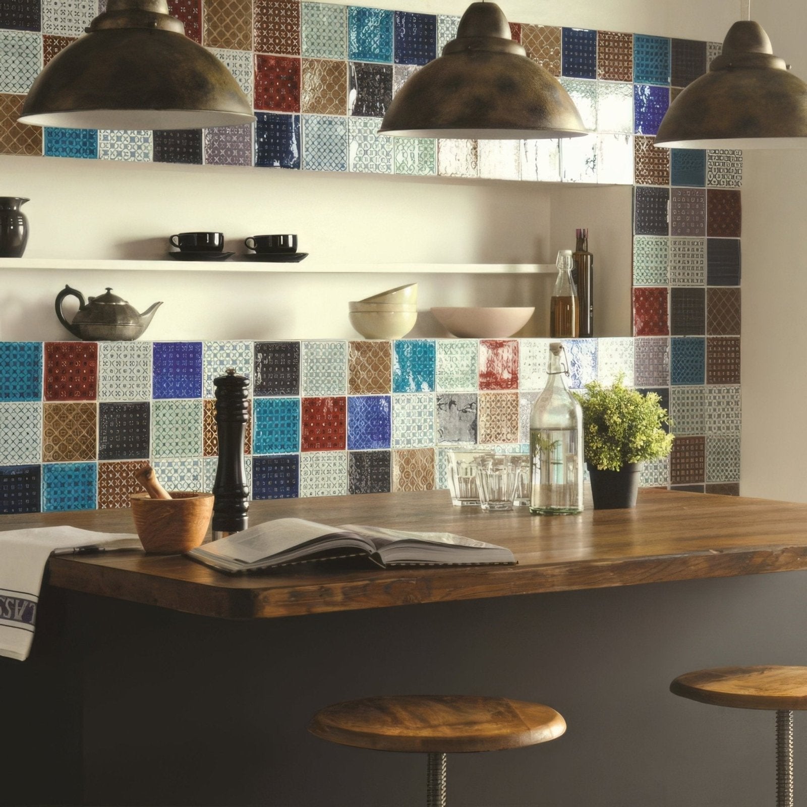 Ormeaux on Palomino multicolored mosaic tile backsplash with intricate blue red brown and beige geometric patterns