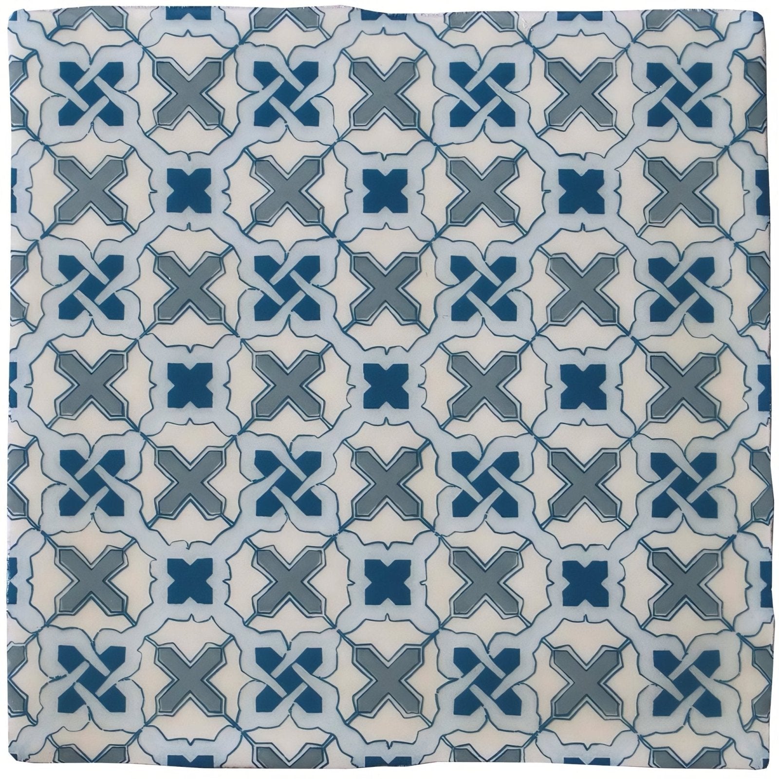 Ormeaux on thebes fabric with blue and gray geometric repeating tile pattern for upholstery and decor use