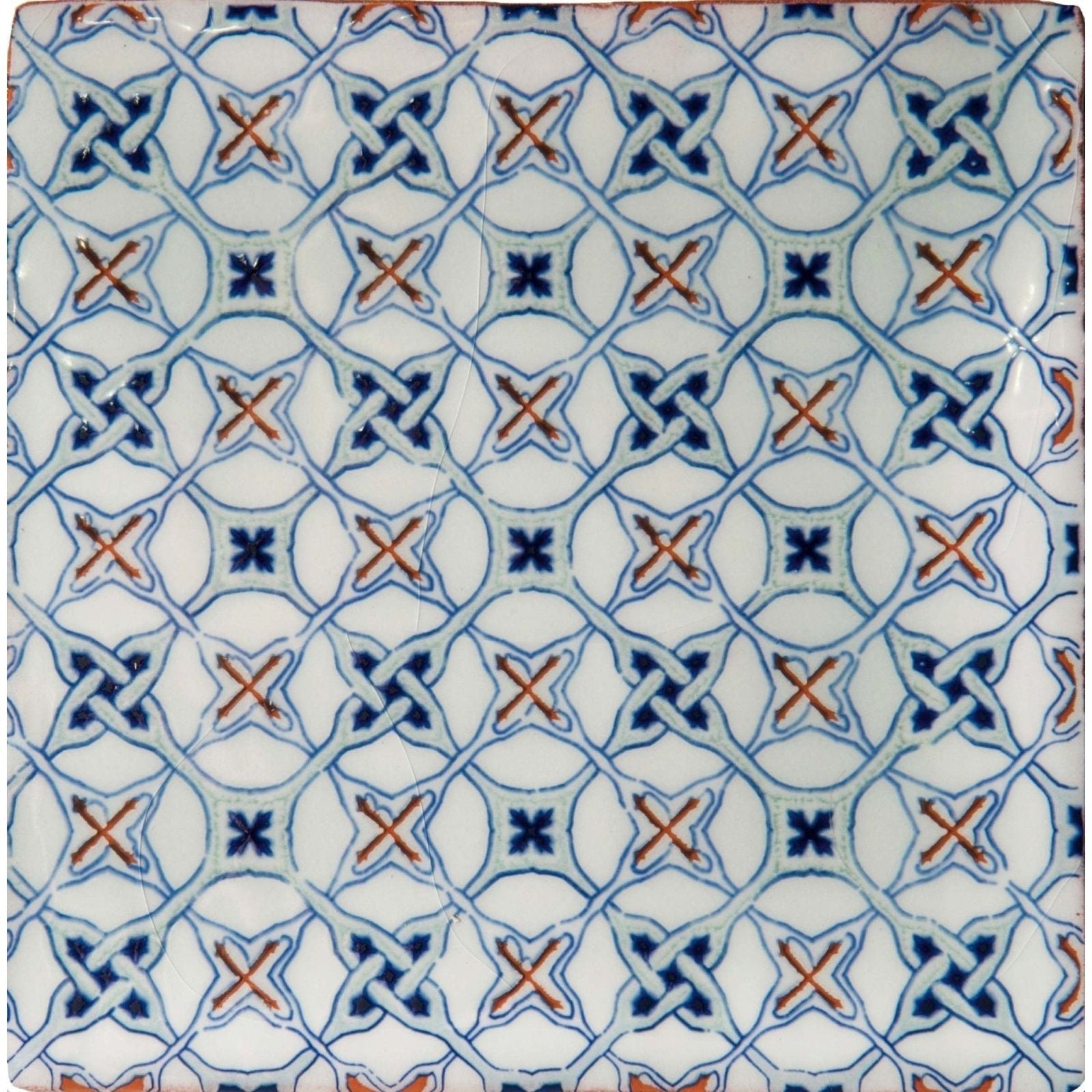 Square ceramic tile ormeaux red on mint with white base and blue and orange intricate geometric patterns