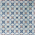 Square ceramic tile ormeaux red on mint with white base and blue and orange intricate geometric patterns
