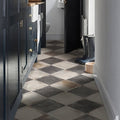 Dark gray and beige diamond patterned ceramic floor tiles from osterley porcelain black square collection