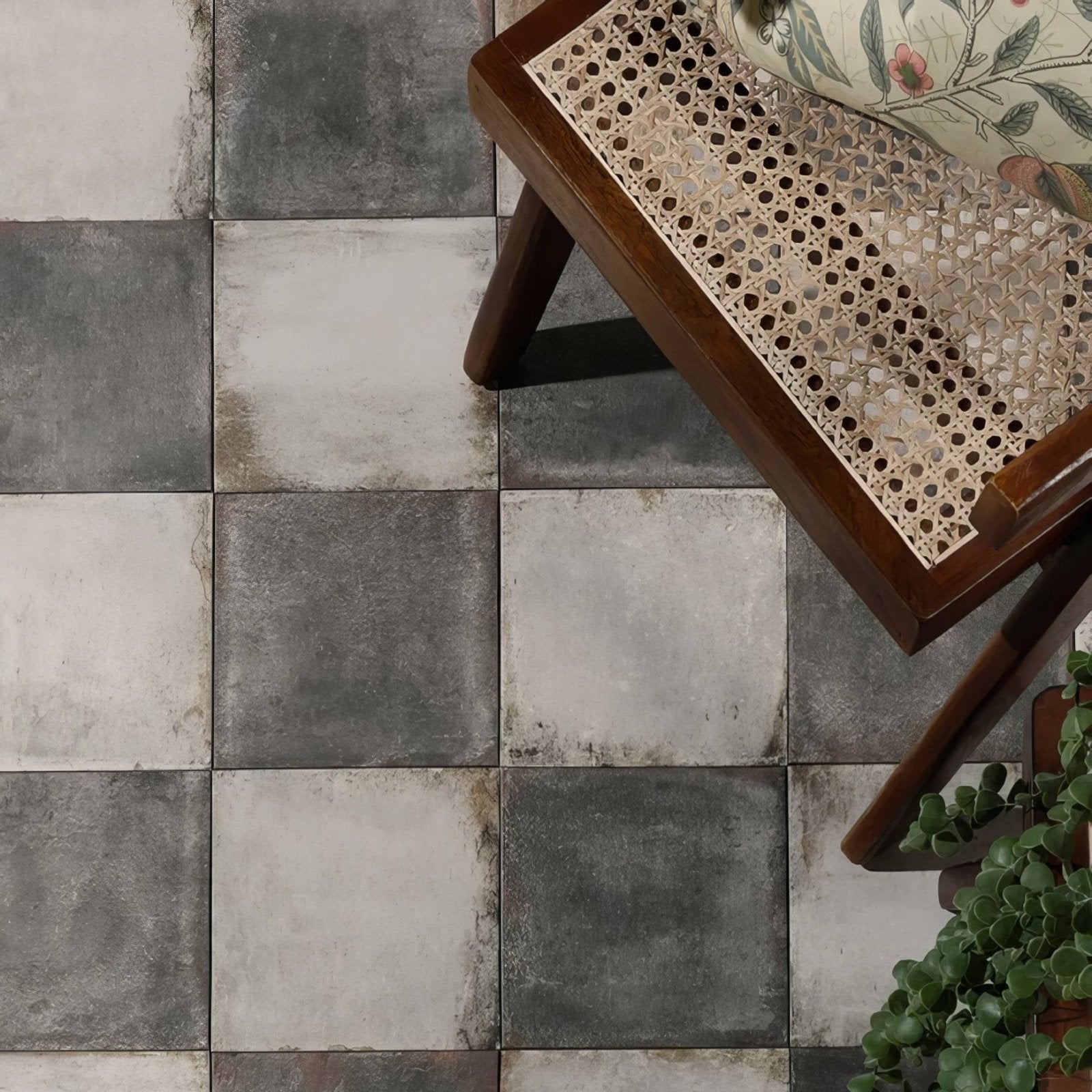 Osterley porcelain black square gray and white checkered concrete floor tiles with durable textured surface