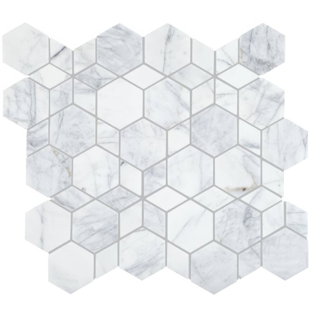 Ottimo kaleidoscope mosaic white marble hexagonal tile with subtle gray veining and thin grout lines