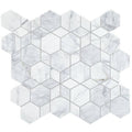 Ottimo kaleidoscope mosaic white marble hexagonal tile with subtle gray veining and thin grout lines